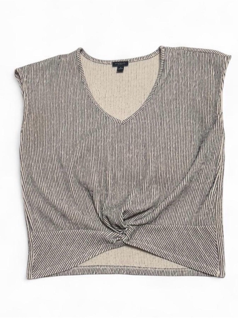 Ann Taylor Striped V-Neck Twist Front Crop Top - Beige & Black